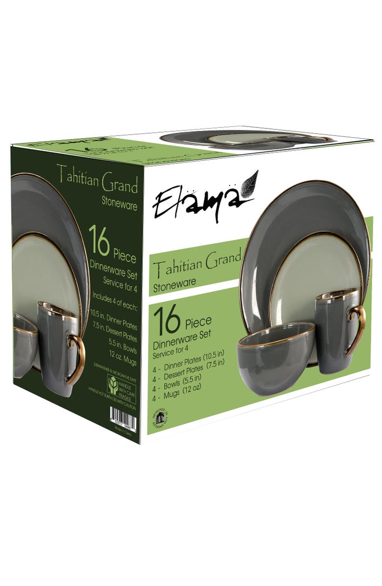 Elama Tahitian Grand 16 Piece Stoneware Dinnerware Set, Alternate, color, Grey