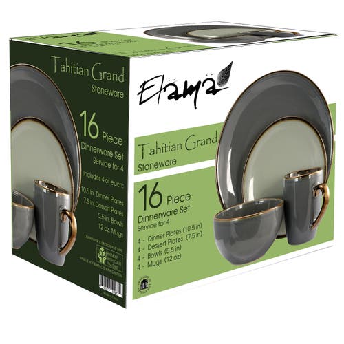 Elama Tahitian Grand 16 Piece Stoneware Dinnerware Set In Gray