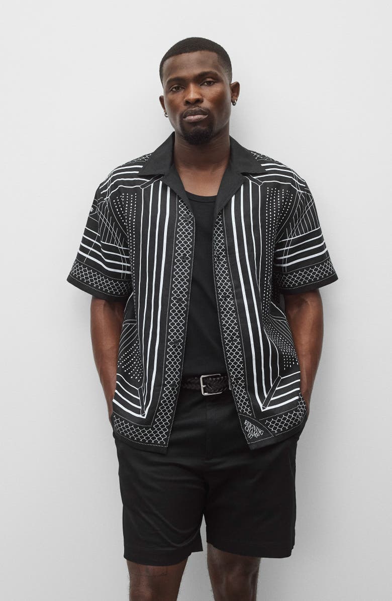 Reigning Champ Arena Relaxed Fit Geo Print Linen Camp Shirt, Alternate, color, Black-White