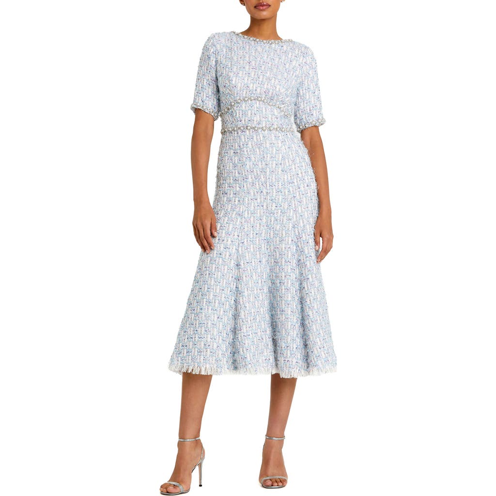 Mac Duggal Embellished Illusion Flounce Sleeve Tea Length Dress In Blue Multi