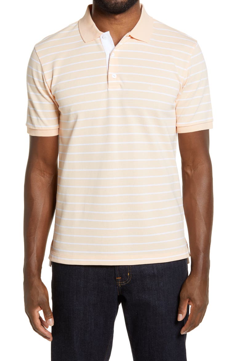 Slim Fit Stripe Piqué Polo, Main, color, PEACH STRIPE