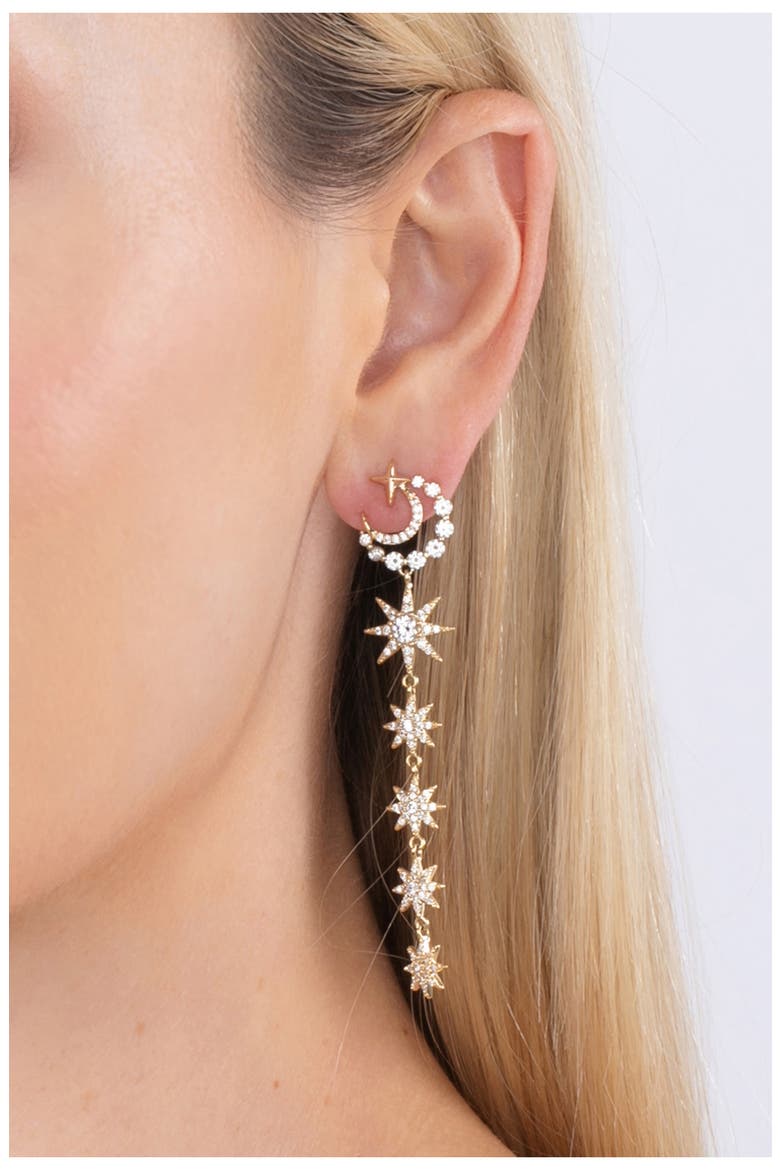 Moon & Star CZ Linear Drop Earrings, Alternate, color, GOLD