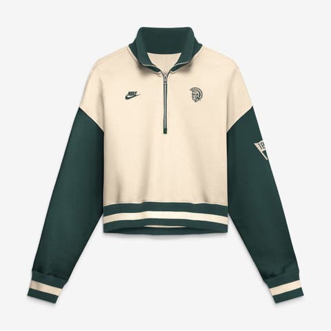 Women's Nike Natural/Green Michigan State Spartans Oversized Legacy Color Block Cropped Quarter-Zip Pullover