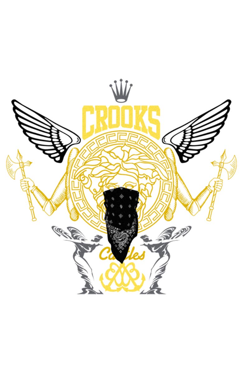 Crooks & Castles Men's Crooks & Castles Abstract Medusa Yellow and Black Logo Graphic T-Shirt, Alternate, color, White