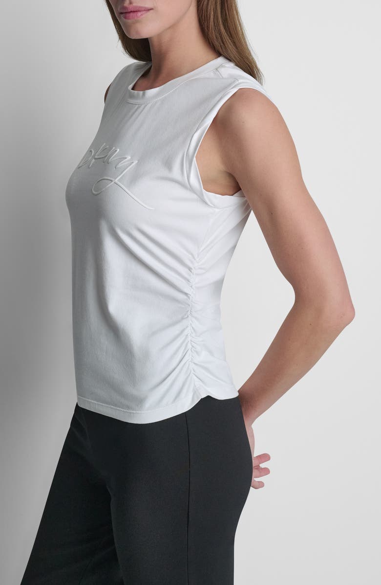 DKNY Script Ruched Cotton Blend Tank, Alternate, color, White