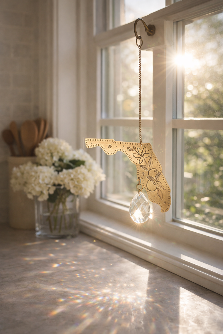 Florida State Orange Blossom Engraved Suncatcher, Alternate, color, Brass