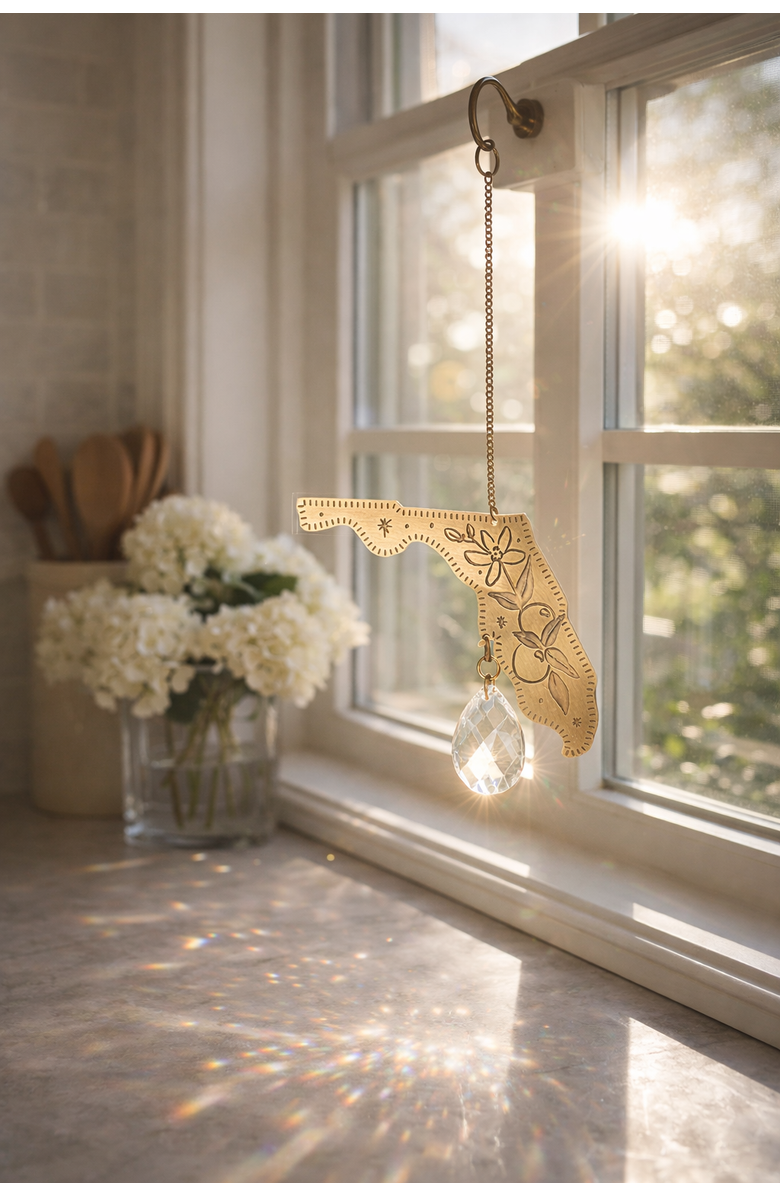 Matr Boomie Florida State Orange Blossom Engraved Suncatcher, Alternate, color, Brass