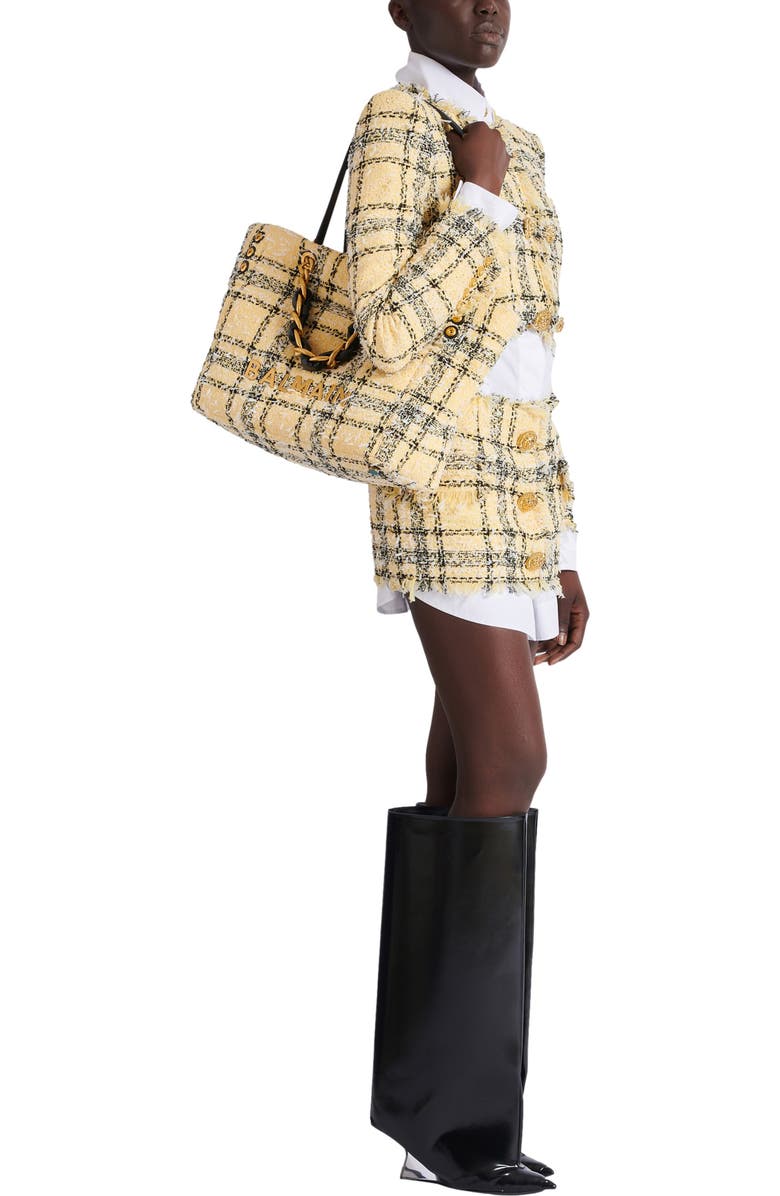 Balmain Plaid tweed 1945 tote bag, Alternate, color, Yellow