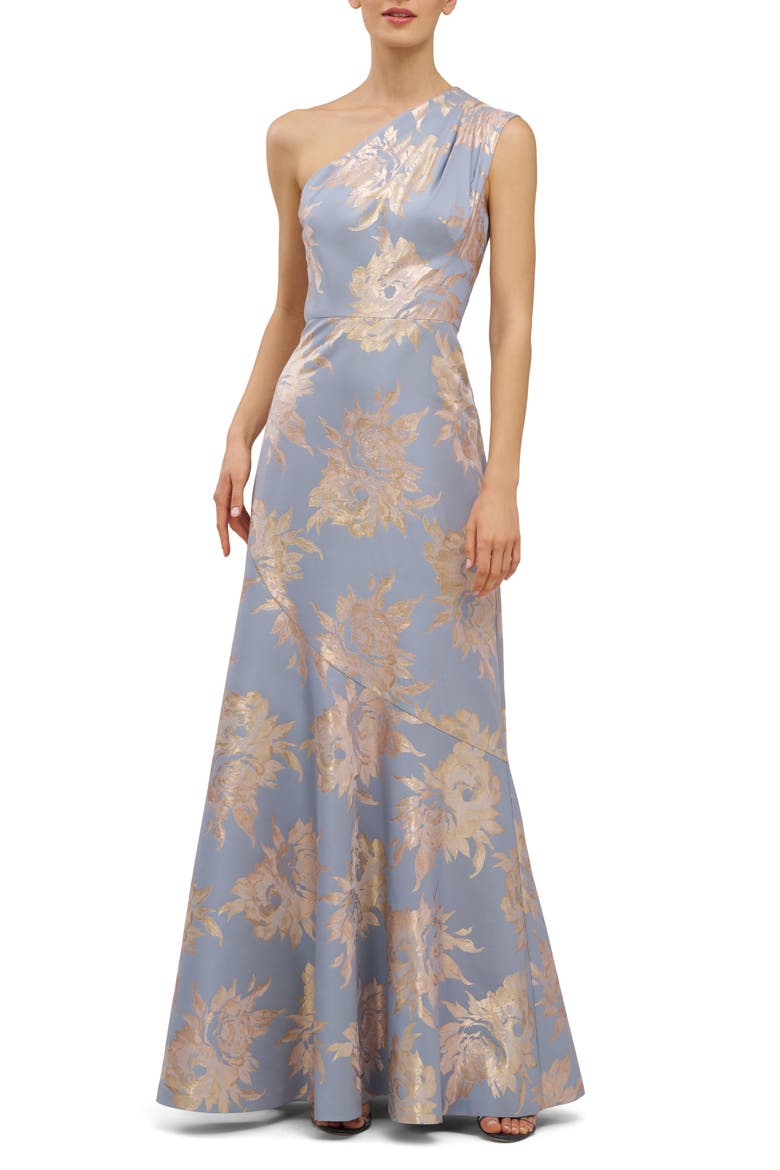 Gianella Floral Metallic Jacquard One-Shoulder Gown, Main, color, BLUE BIRD