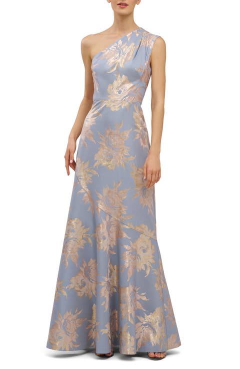Gianella Floral Metallic Jacquard One-Shoulder Gown