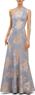 Kay Unger Gianella Floral Metallic Jacquard One-Shoulder Gown