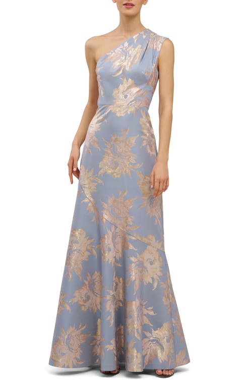 Kay Unger Gianella Floral Metallic Jacquard One-shoulder Gown In Blue