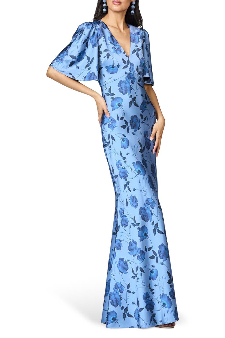 Mae Flutter Sleeve Mermaid Gown, Alternate, color, WILD STEEL ROSES