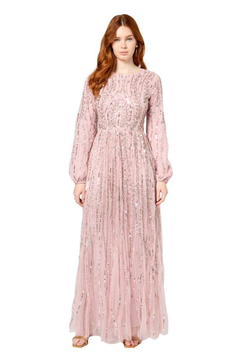 Occasion Modest Embellished Sequin Beaded A Line Evening Maxi Dress, Main, color, FROSTED PINK