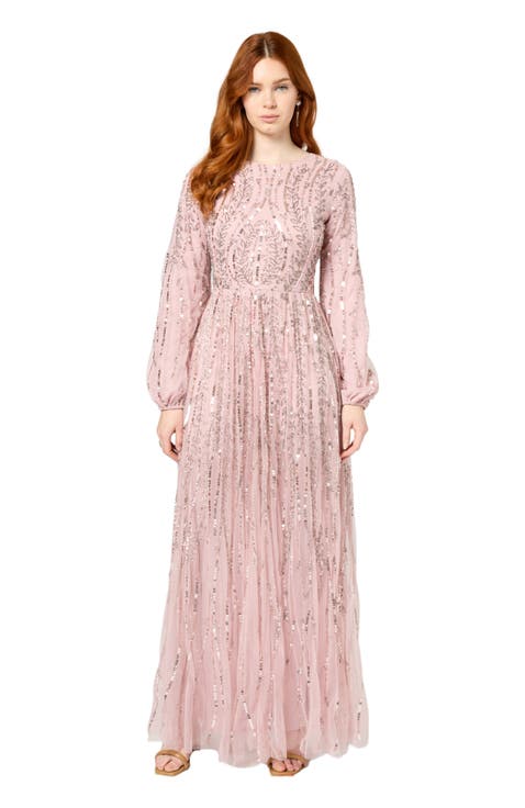Occasion Modest Embellished Sequin Beaded A Line Evening Maxi Dress