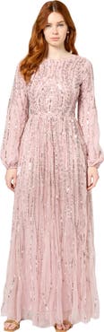 MARYISA Occasion Modest Embellished Sequin Beaded A Line Evening Maxi Dress