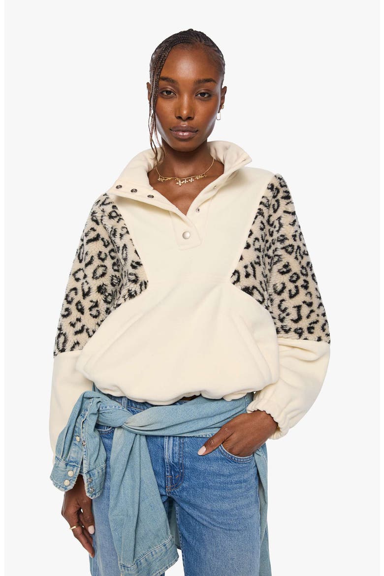 The Funnel Neck Drop Inset Leopard Print Fleece Sweatshirt, Alternate, color, CREAM AND WHITE