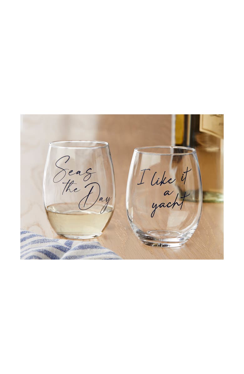 tag I Like It A Yacht Stemless Wine Glass Blue Summer Drinkware, Alternate, color, Blue