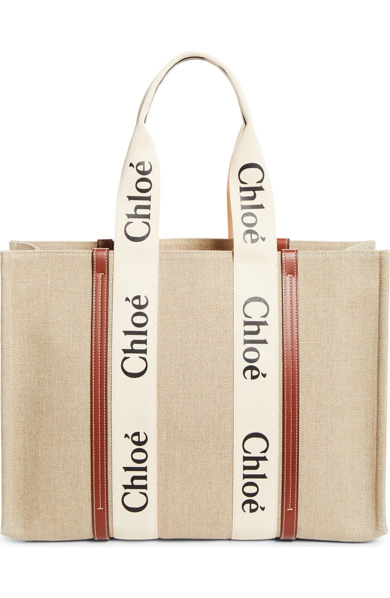 Chloé Large Woody Linen Tote, Alternate, color, White - Brown 1