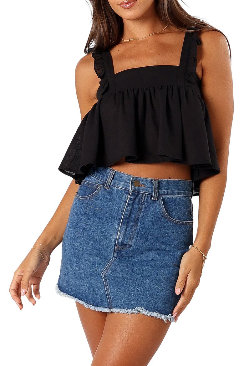 Raye Ruffle Strap Crop Sleeveless Top, Main, color, BLACK