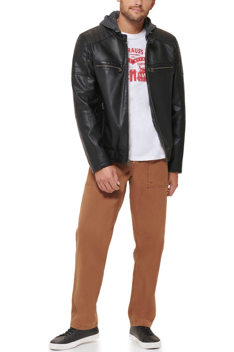 Faux Leather Hooded Moto Racer Jacket, Alternate, color, BLACK