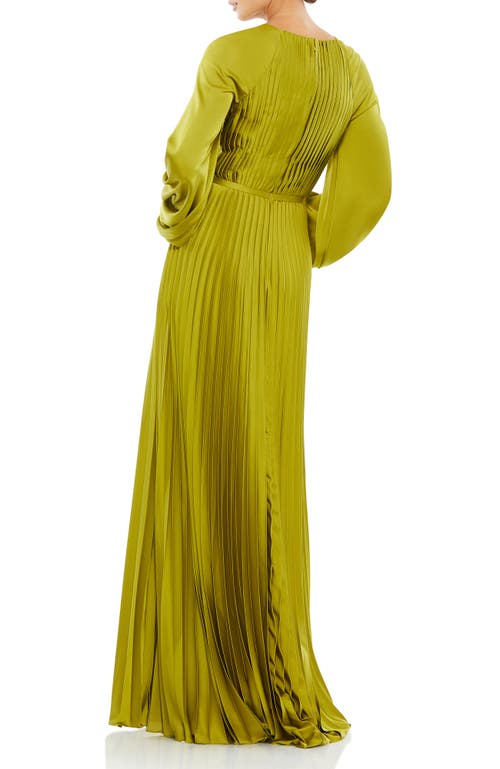 Mac Duggal Long Blouson Sleeve Pleated High Neck Gown In Apple Green