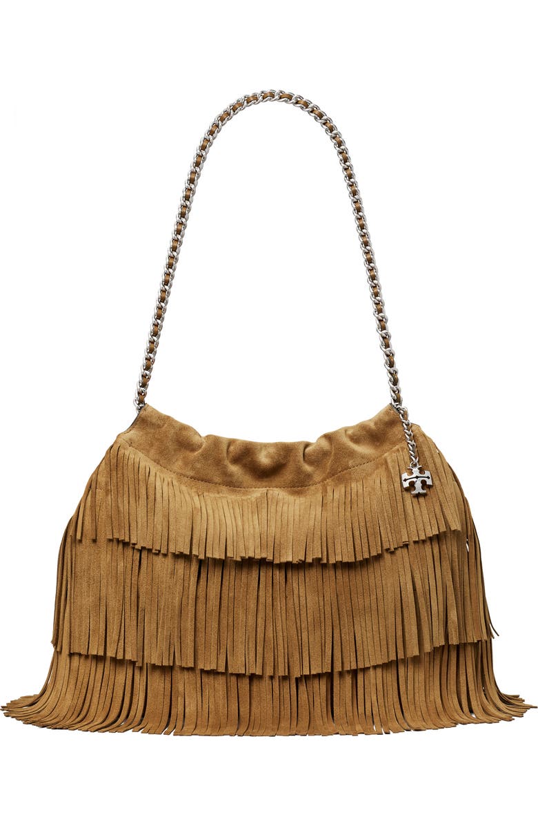 Tory Burch Fleming Suede Fringe Hobo Bag, Main, color, Wild Tabacco