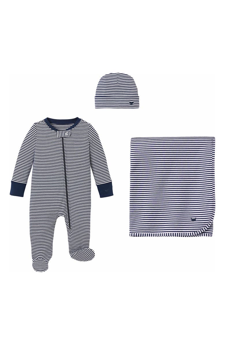 Petite Plume Welcome Home Cotton Footie, Hat & Blanket Set, Main, color, 