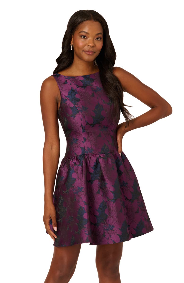 Adrianna Papell Sleeveless Floral Jacquard Drop Waist Cocktail Dress, Alternate, color, Navy/ Plum