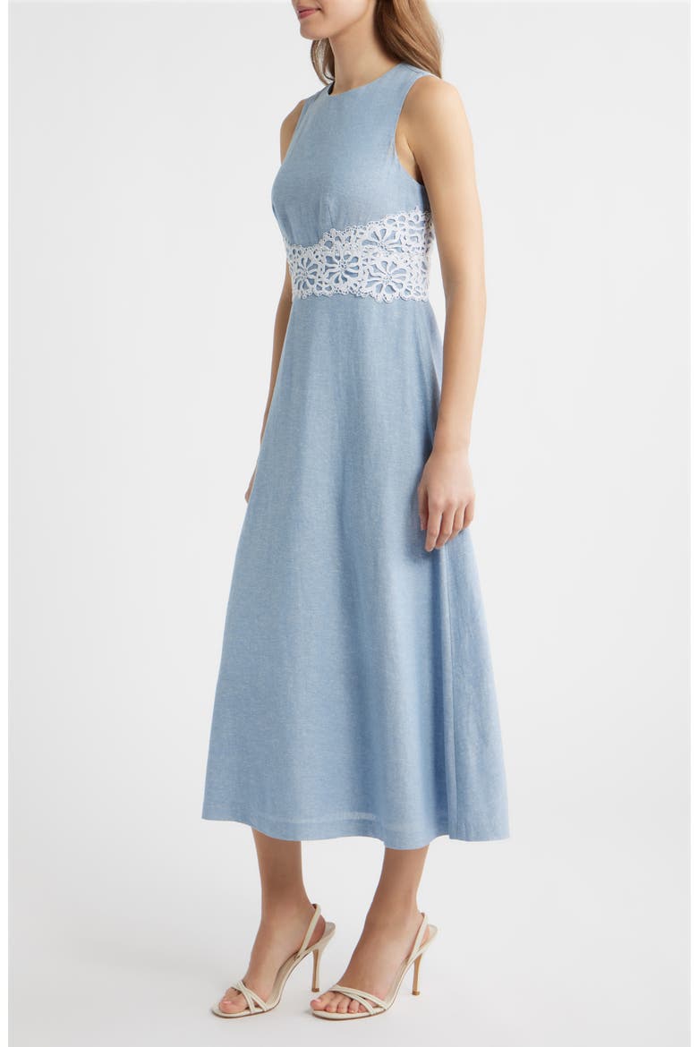 Lace Trim Linen Blend Midi Dress, Alternate, color, LAGOON/ CRISP WHITE