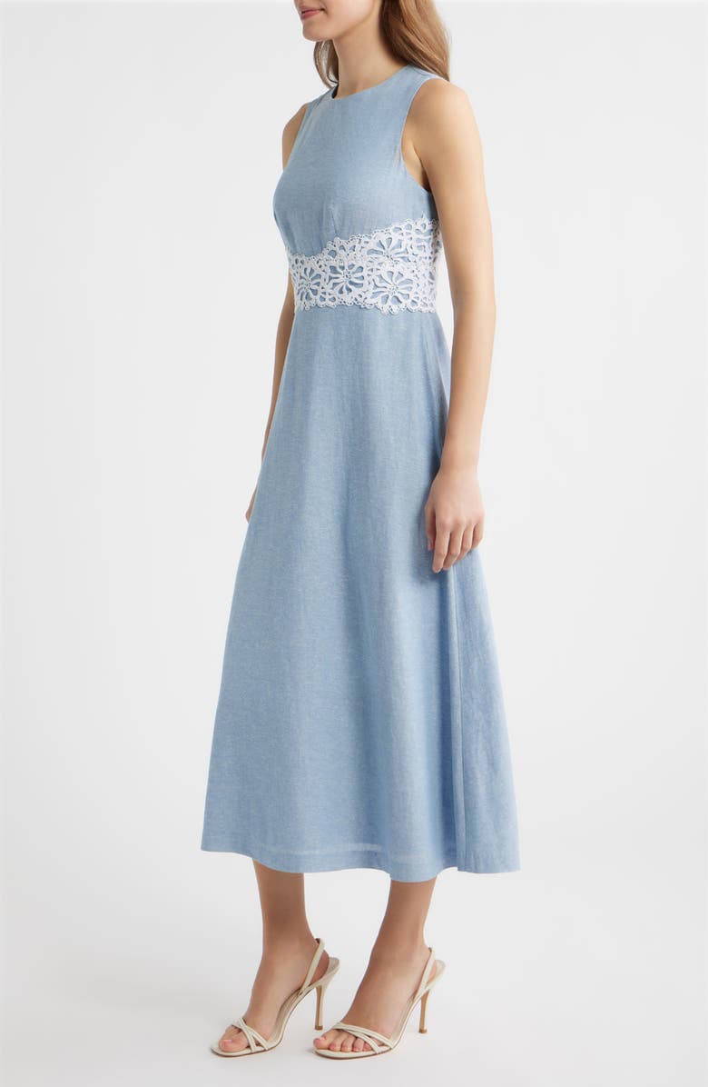 Anne Klein Lace Trim Linen Blend Midi Dress, Alternate, color, Lagoon/ Crisp White