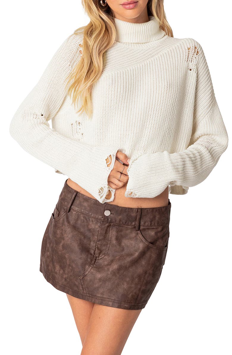 EDIKTED Distressed Rib Cotton Turtleneck Sweater, Main, color,