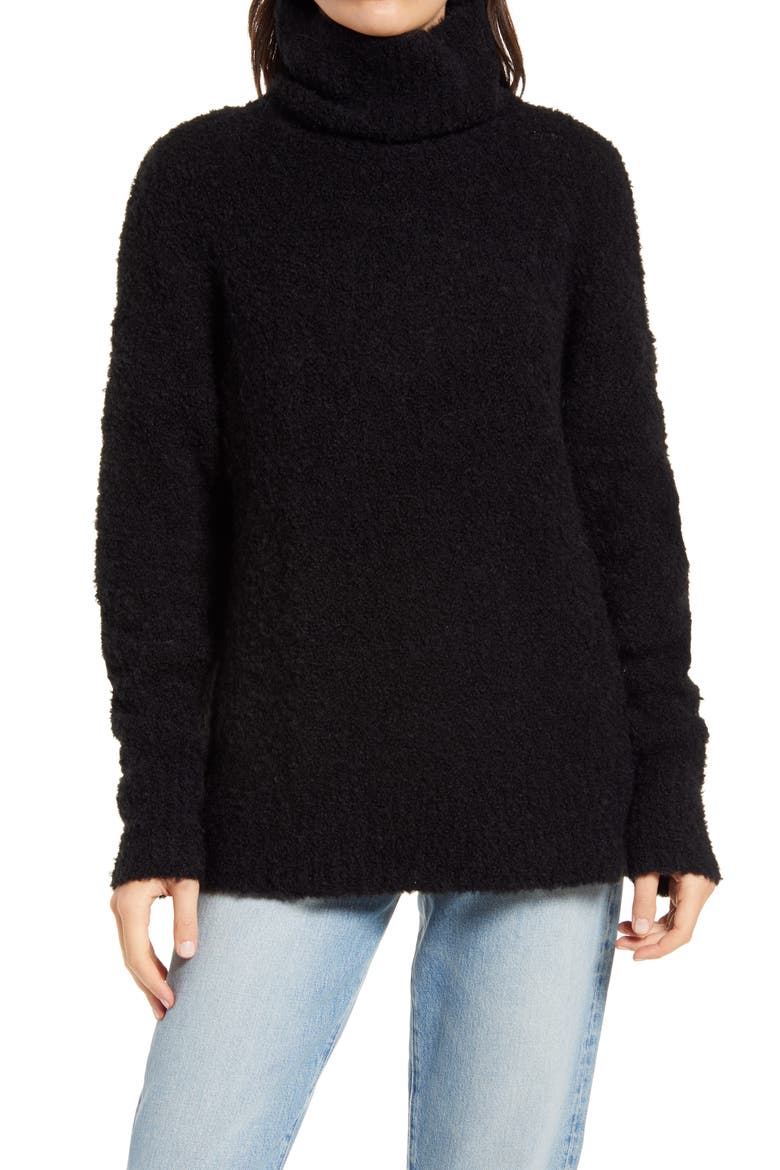 Bouclé Funnel Neck Pullover, Main, color, BLACK