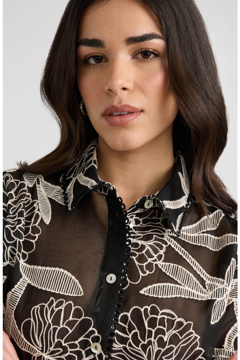 Embroidered Georgette Short Sleeve Camp Shirt, Alternate, color, BLACK/ CREAM