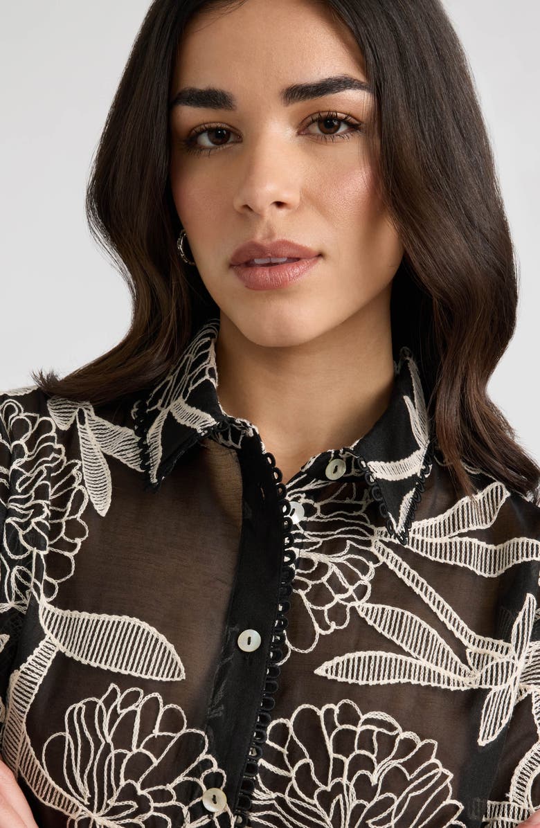 NVLT Embroidered Georgette Short Sleeve Camp Shirt, Alternate, color, Black/ Cream