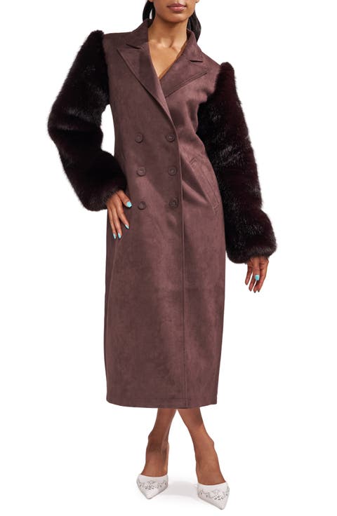 Lurielle Faux Fur Sleeve Faux Suede Trench Coat