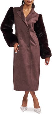 AZALEA WANG Lurielle Faux Fur Sleeve Faux Suede Trench Coat