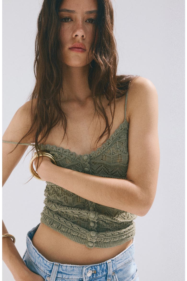 Open Knit Button-Up Camisole, Alternate, color, KHAKI GREEN
