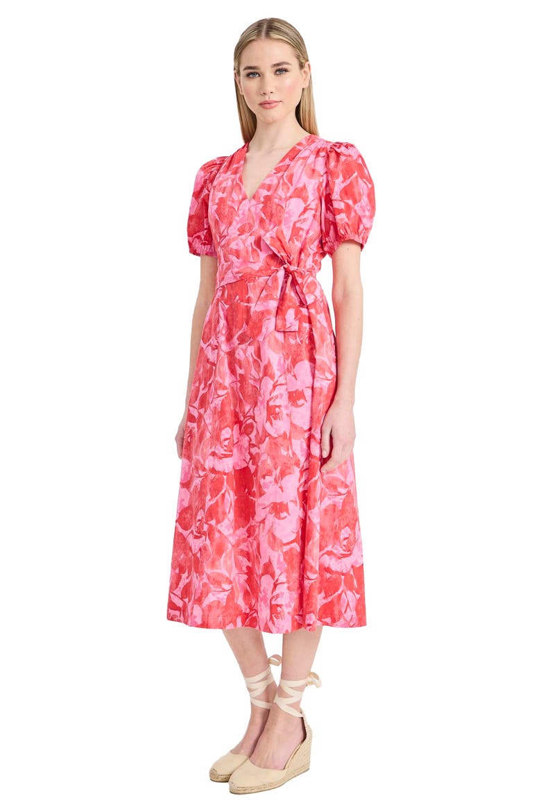 Floral Puff Sleeve A-Line Midi Dress, Alternate, color, PINK/ CORAL