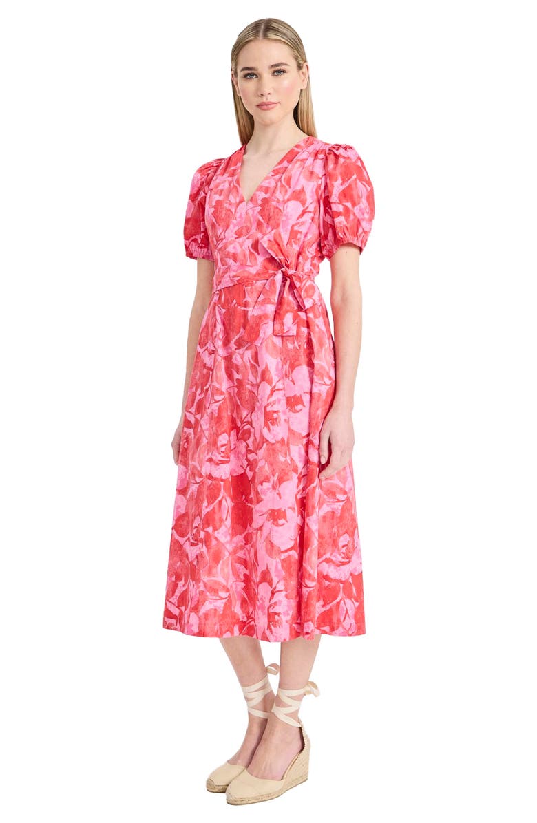 Donna Morgan Floral Puff Sleeve A-Line Midi Dress, Alternate, color, Pink/ Coral