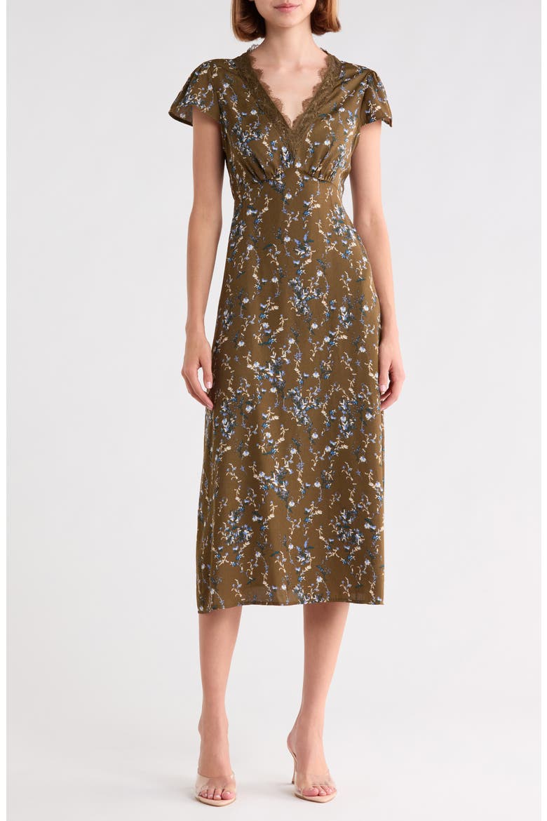 Lace Trim Satin Midi Dress, Main, color, OLIVE- BLUE LILIBET FLORAL