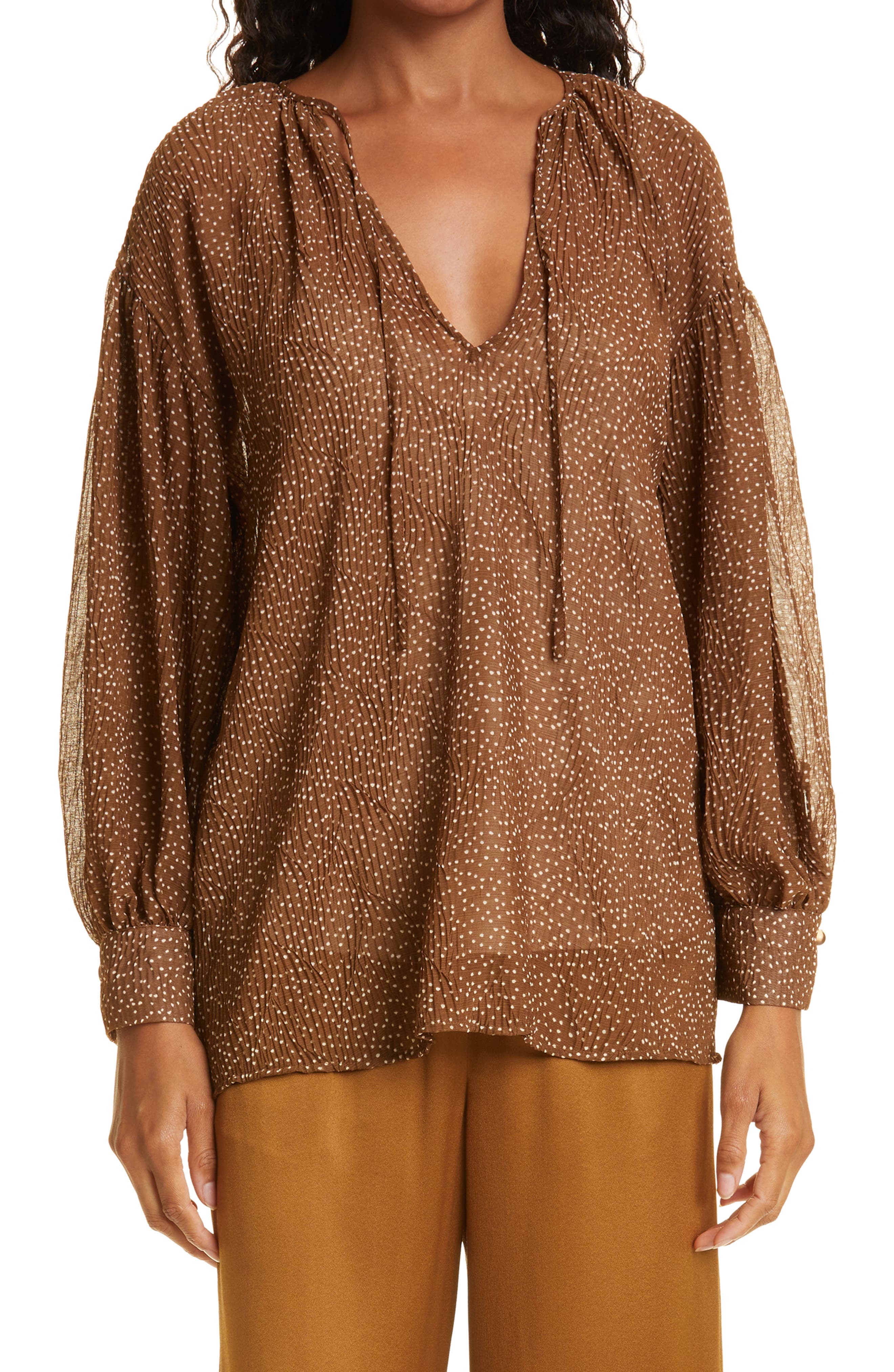 Vince Starry Dot Shirred Split Neck Blouse