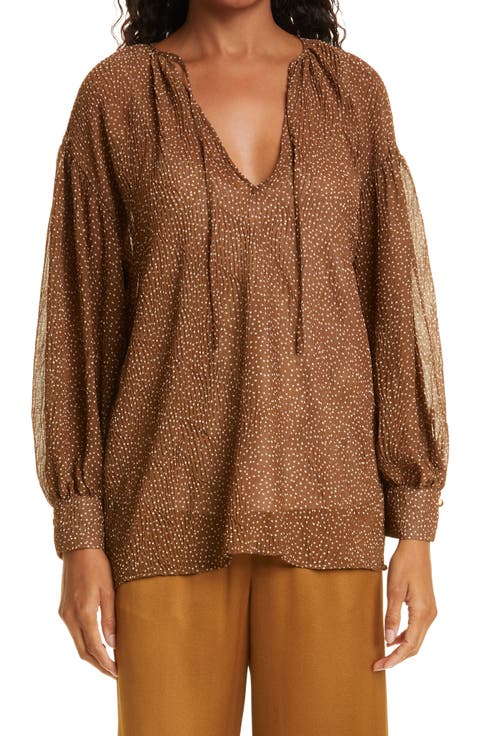Starry Dot Shirred Split Neck Blouse