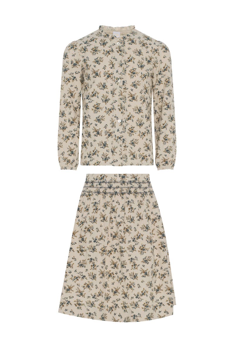 Clô Flower Print Lace Skirt Set, Collared Button Top and A-Line Skirt, Main, color, Cream