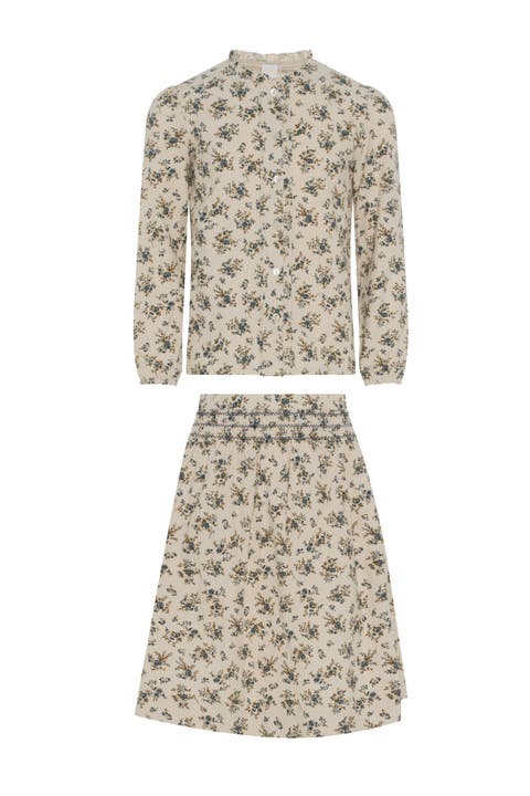 Flower Print Lace Skirt Set, Collared Button Top and A-Line Skirt (Big Kid)