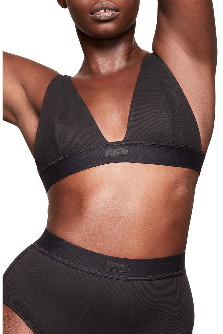 Stretch Cotton Rib Plunge Bralette, Main, color, SOOT