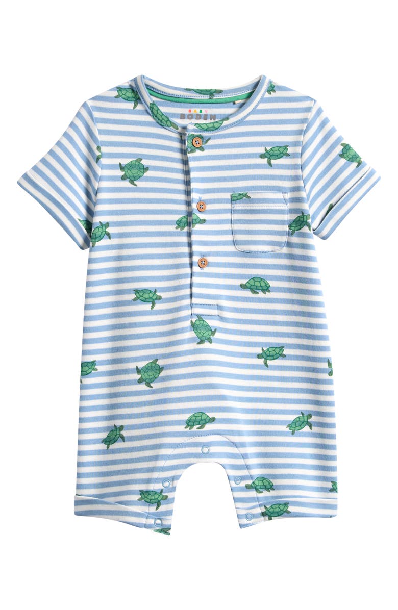 Mini Boden Stripe Cotton Jersey Romper, Main, color, Blue Stripe Baby Turtles