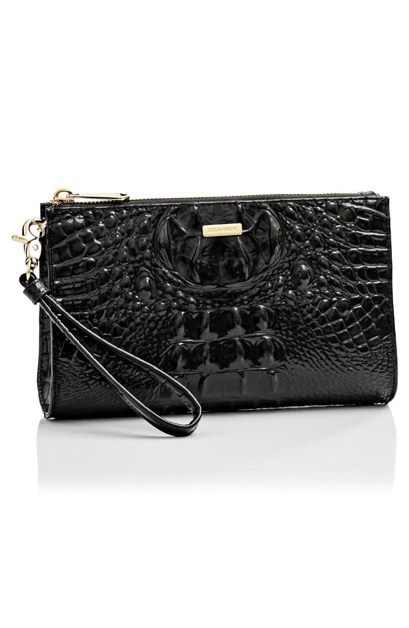Brahmin Daisy Croc Embossed Leather Wristlet, Alternate, color, Black