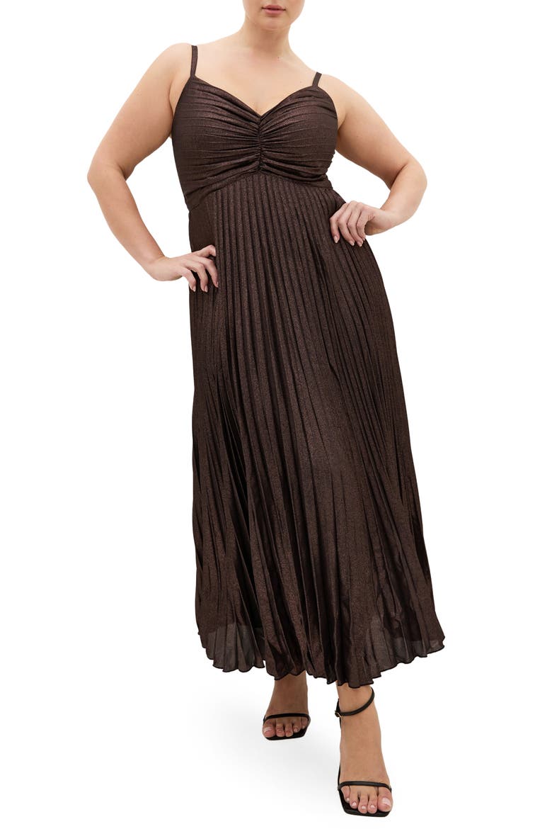 Ariana Pleated Metallic Dress, Main, color, BRONZE SPARKLE