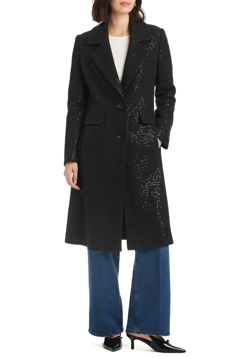 Sequin Pattern Longline Coat, Alternate, color, BLACK